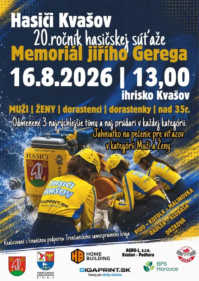 Hasičská súťaž ,, Memoriál J.Gerega" I Kvašov I 16.8.2026 I 13,00