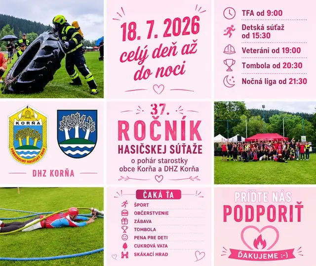 37. Ročník hasičskej súťaže o Pohár starostky obce Korňa a Dobrovoľného hasičského zboru Korňa