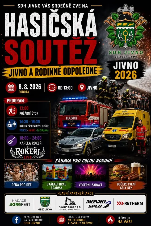 Hasičská soutěž Jivno a odpolední program pro děti 8.8.2026